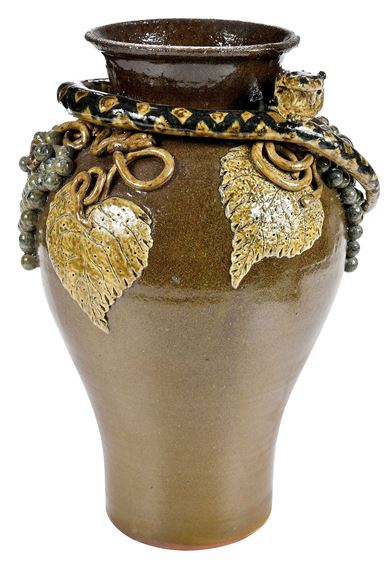 Rare and Important Lanier Meaders Snake and Grapevine Decorated Stoneware Vase