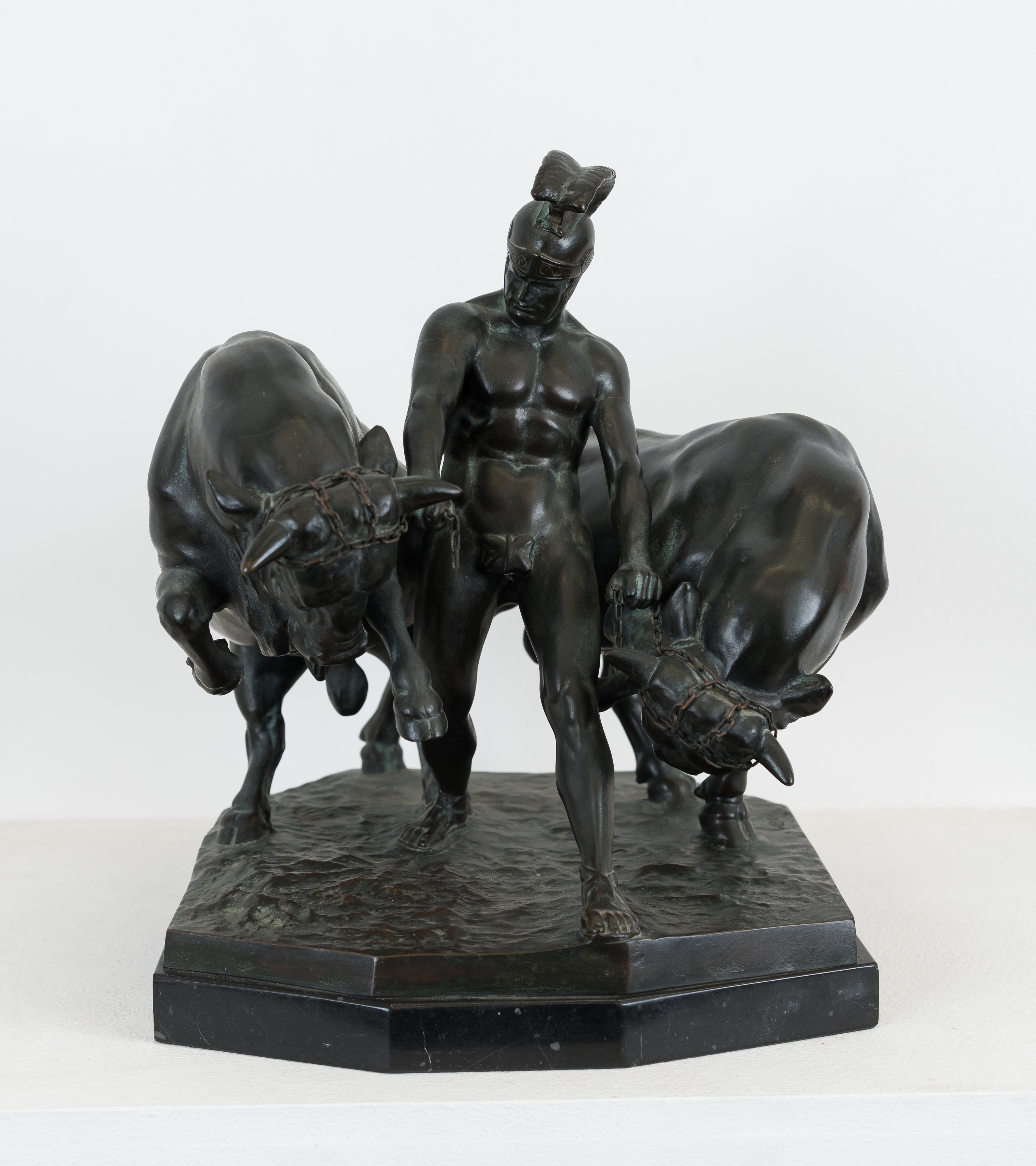 Artwork by Walter Lenck, Jason and the Bulls, Made of bronze on marble base