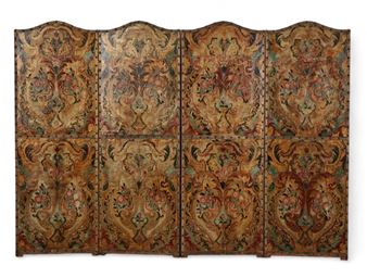 A Spanish Baroque style painted leather four panel floor screen - Hendrix Allardyce