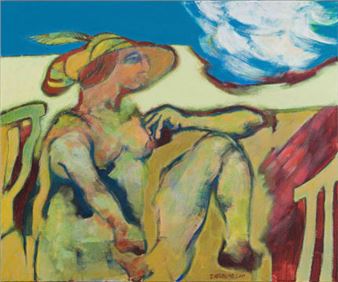 A vibrant Fauvist-style painting of a seated figure in a hat against a bold blue sky.