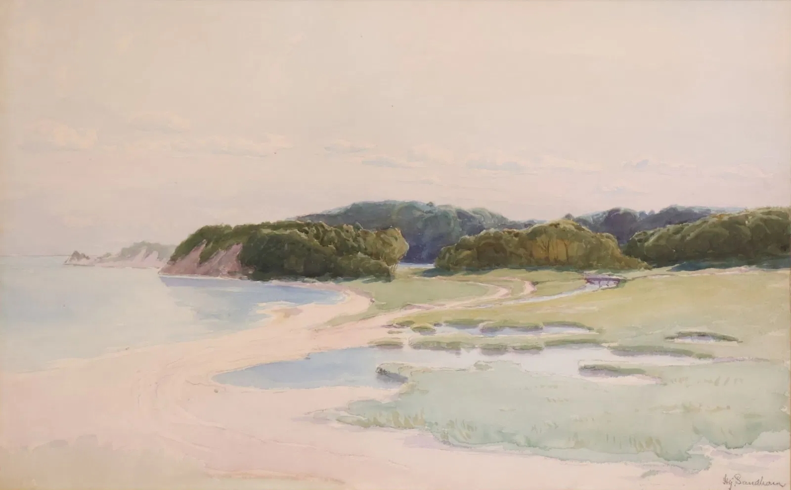 Henry Sandham | Showing a coastal beach scene with trees to the ...