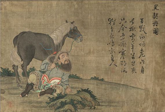 A PAINTING DEPICTING A KARA KITAI RIDER RESTING BESIDE HIS HORSE. INK AND COLORS ON SILK by Chinese School