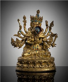 AN EXCELLENT FIRE-GILT BRONZE OF GUHYASAMAJA WITH STONE INLAYS - Sonam Gyaltsen