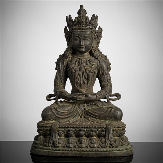 A LARGE BRONZE FIGURE OF AMITAYUS ON A LOTUS BASE by Chinese School, 2007