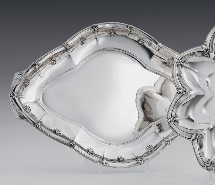 Artwork by Carlo Bugatti, Adrien-Aurélien Hébrard, & HEBRARD Adrien-Aurélien (1865-1937) Oval silver dish with bas-relief decoration of dragonflies with outstretched wings and flowers, Made of Oval silver dish with bas-relief