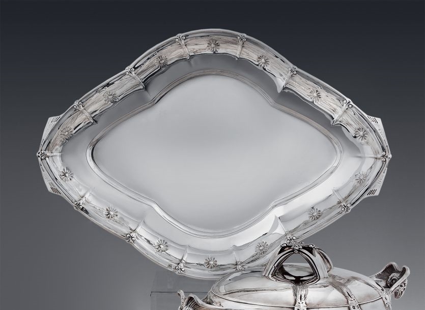Artwork by Carlo Bugatti, Adrien-Aurélien Hébrard, & HEBRARD Adrien-Aurélien (1865-1937) Oval silver dish with bas-relief decoration of dragonflies with outstretched wings and flowers, Made of Oval silver dish with bas-relief