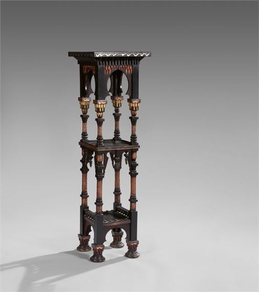 Black varnished wood sellette with three interspersed shelves