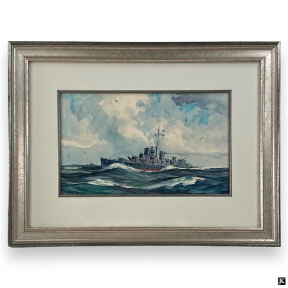 Gordon Grant Watercolor "Battleship In Convoy by Gordon Grant