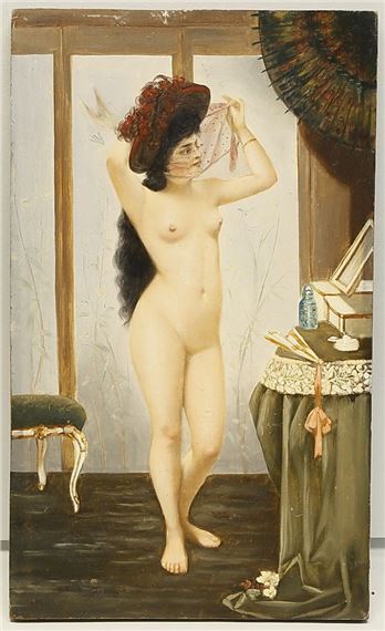 In Boudoir stehender, weiblicher Akt mit Schleier by Bernhard Zickendraht