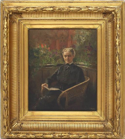 Lesende Dame, in Korbstuhl auf einem blühendem Balkon by Bernhard Zickendraht, 1919