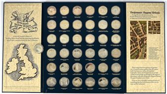 Betjeman's Bygone Britain a complete collection of 36 x proof sterling silver medals depicting Britain's vanished landmarks chosen by Sir John Betjeman; each 38mm, 33.5g, issued by Pinches in 1976 in a limited edition of 1266 sets approx. weight 1206gm 38ozt in original folder with slip case and certificate - John Betjeman