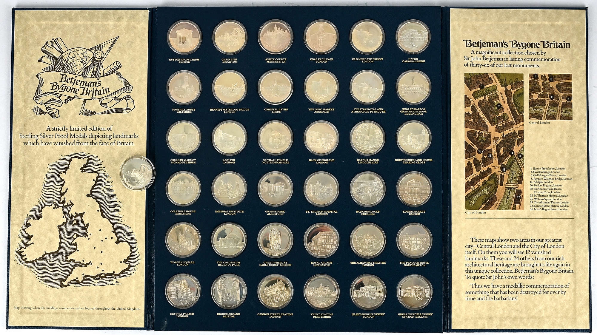 Artwork by John Betjeman, Betjeman's Bygone Britain a complete collection of 36 x proof sterling silver medals depicting Britain's vanished landmarks chosen by Sir John Betjeman; each 38mm, 33.5g, issued by Pinches in 1976 in a limited edition of 1266 sets approx. weight 1206gm 38ozt in original folder with slip case and certificate, Made of sterling silver
