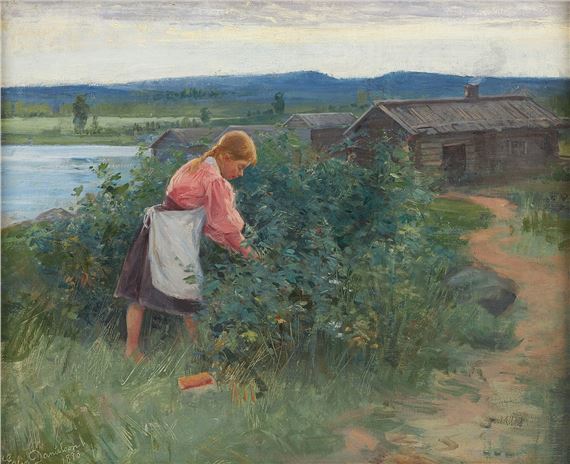Elin Danielson-Gambogi | Flicka plockar hallon i skärgårdslandskap ...