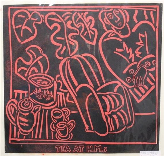 James T Sampson, Linocut, 'Tea at HM's - James T. Sampson