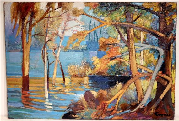 Oil on Canvas of trees on a lake by Pasquale Monaco