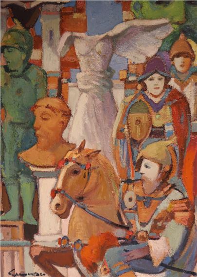 Oil on canvas of soldiers and statues by Pasquale Monaco, dated 60