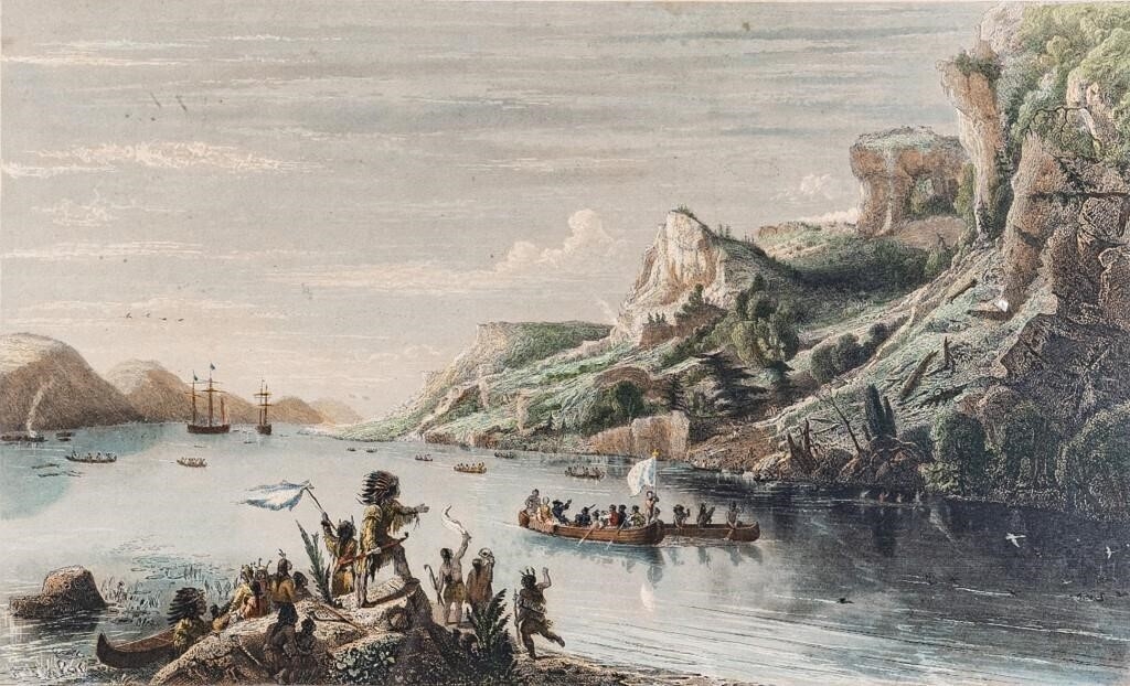 Artwork by Jean Gudin, STEEL ENGRAVING CARTIER DISCOVERING ST. LAWRENCE, Made of HAND COLOURED ENGRAVING ON PAPER