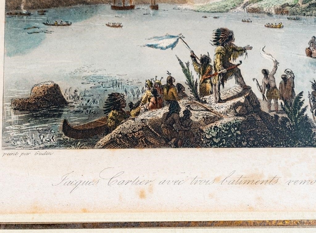 Artwork by Jean Gudin, STEEL ENGRAVING CARTIER DISCOVERING ST. LAWRENCE, Made of HAND COLOURED ENGRAVING ON PAPER