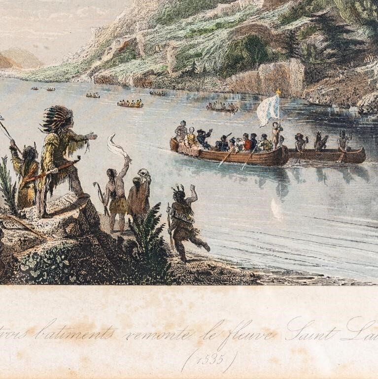 Artwork by Jean Gudin, STEEL ENGRAVING CARTIER DISCOVERING ST. LAWRENCE, Made of HAND COLOURED ENGRAVING ON PAPER