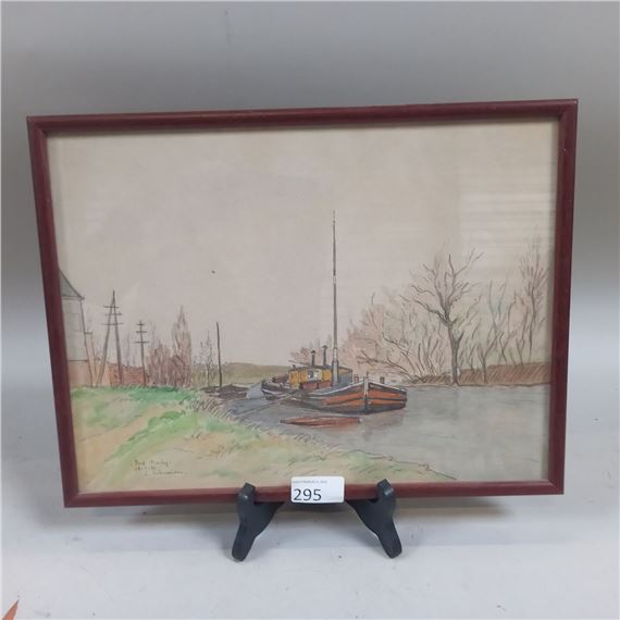 E. SCHNEIDER (XXème siècle) . Port Marly. Aquarelle signée, datée et titrée en bas à gauche. A vue:25x34 cm Insolations by E. Schneider