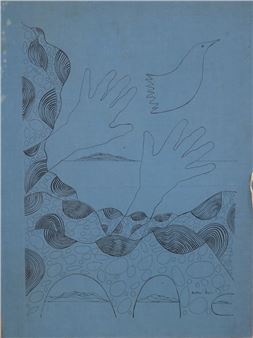 A blue-toned illustration featuring a bird, two handprints, and patterned hills.