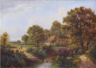 Mother and child on a riverside pathway before cottages - J. Owen