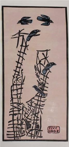 James T Sampson Linocut "Five Birds - James T. Sampson