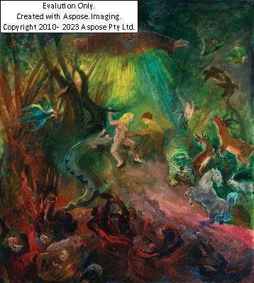 Artwork by Oskar Laske, "Der Sündenfall", Made of oil on canvas