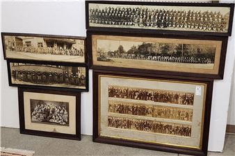 Lot 6 Vintage Group Photos Incl 1873 Yale Class 21" X 33 1/2", Receiving Ships "Annex" Framingham Mass 7" X 41 1/2", Motorcyclists, Reading PA, etc - Yale Class