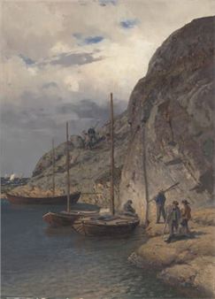 A coastal scene featuring boats docked near a rocky cliff with figures on the shore.