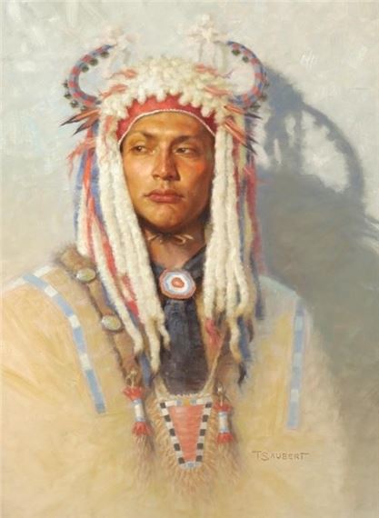 Oil on board painting titled "Otter and Ermine" a portrait of a member of the Blackfeet tribe in Montana by Thomas Saubert