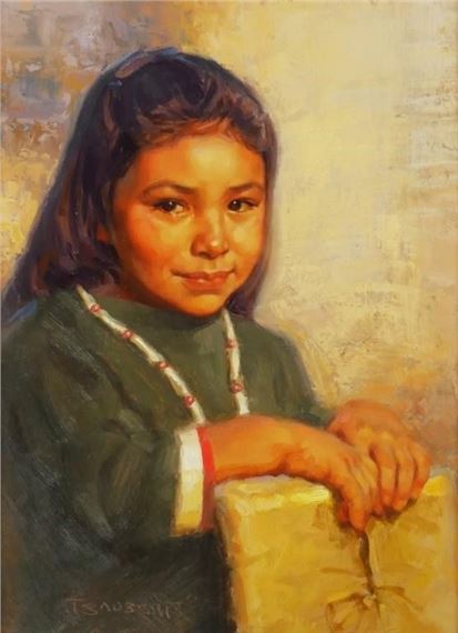Oil on board portrait painting of a Native American child by Thomas Saubert - Thomas Saubert