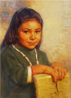 Oil on board portrait painting of a Native American child by Thomas Saubert - Thomas Saubert