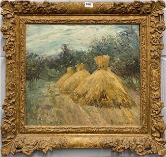 A gilt framed impressionist style oil on canvas of haystacks bearing the signature C - C. Pissarro