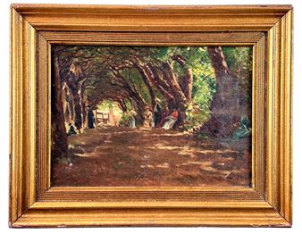 Ruggiero Vincenzo (Seiano di Vico Equense 1877 - Napoli 1951) attr. ''Passeggiata nel parco''. Dipinto ad olio su tela (cm 35x25) sul verso reca la scritta V.Ruggiero e la data 17/4/1912. Scuola napoletana di fine '800. Cornice dorata - Ruggiero Vincenzo