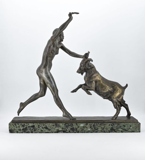 Louis Riché | Young woman playing with a goat (1915 - 1920) | MutualArt