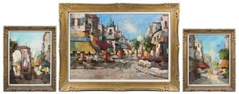 A triptych of framed street scenes depicting a sunlit European town square.