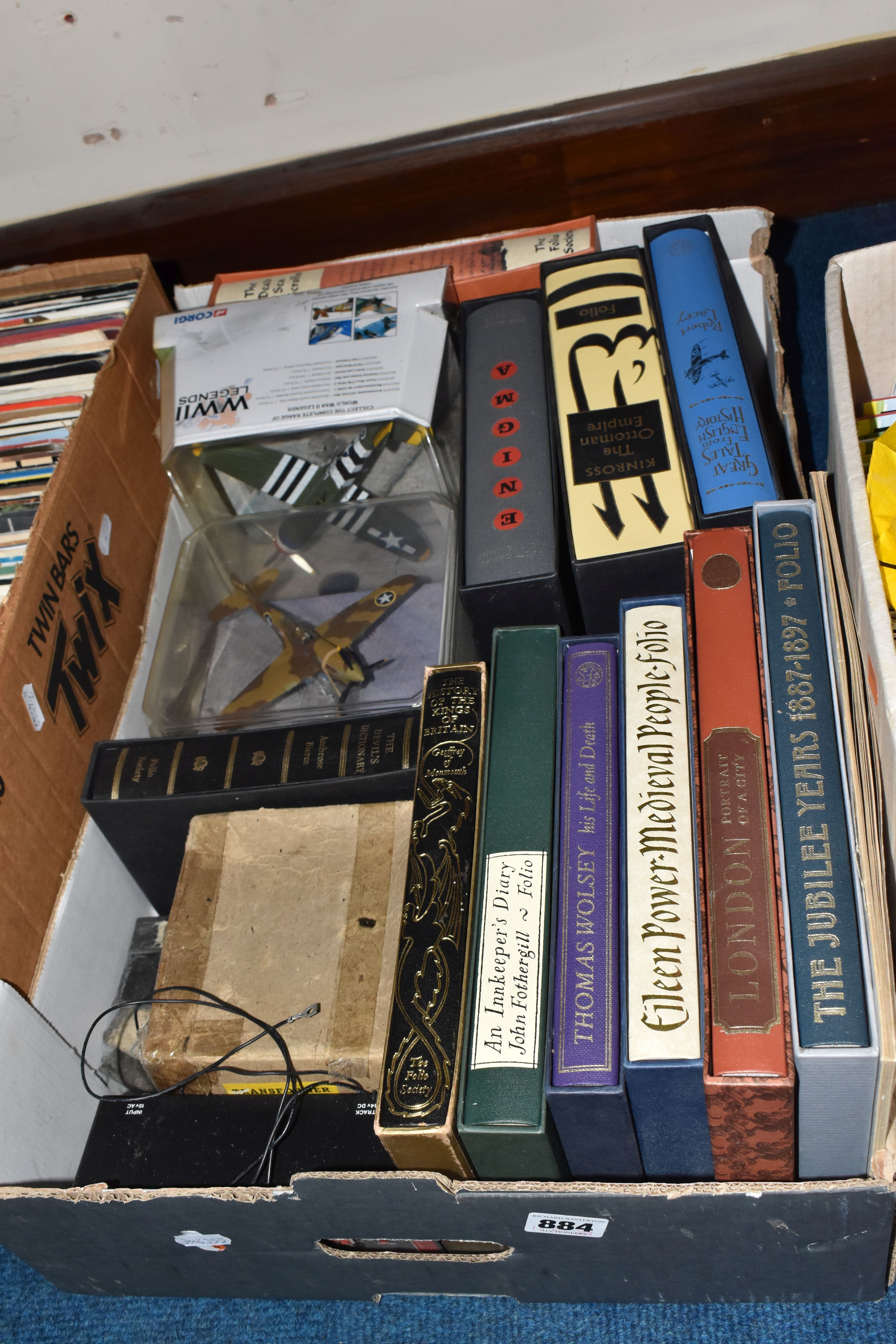 Artwork by Eileen Power, ONE BOX OF FOLIO SOCIETY BOOKS AND MISCELLANEOUS, to include metal alphabet numbers and letters, two, Made of metal