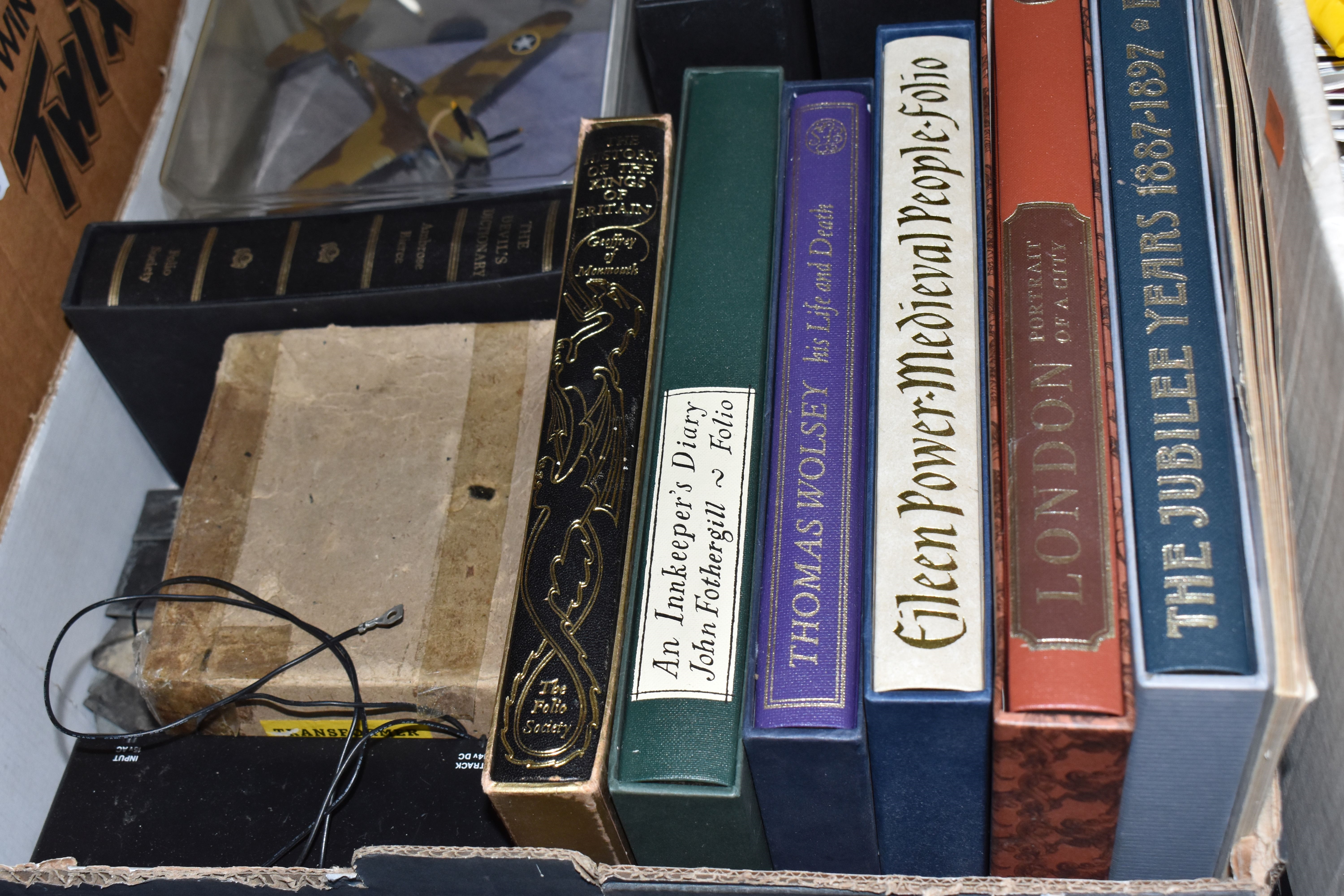 Artwork by Eileen Power, ONE BOX OF FOLIO SOCIETY BOOKS AND MISCELLANEOUS, to include metal alphabet numbers and letters, two, Made of metal