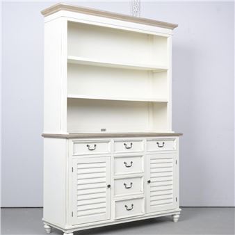 A WHITE-PAINTED KITCHEN DRESSER IN PROVINCIAL ANTIQUE MANNER (A/F) (203CM H X 136CM W X 45CM D - Ed Kitchen