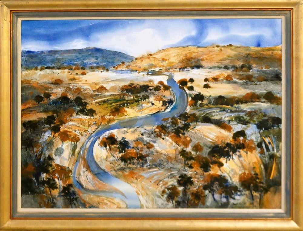 Artwork by Judith White, (LANDSCAPE WITH WINDING BLUE RIVER) 1996, Made of MIXED MEDIA ON PAPER LAID