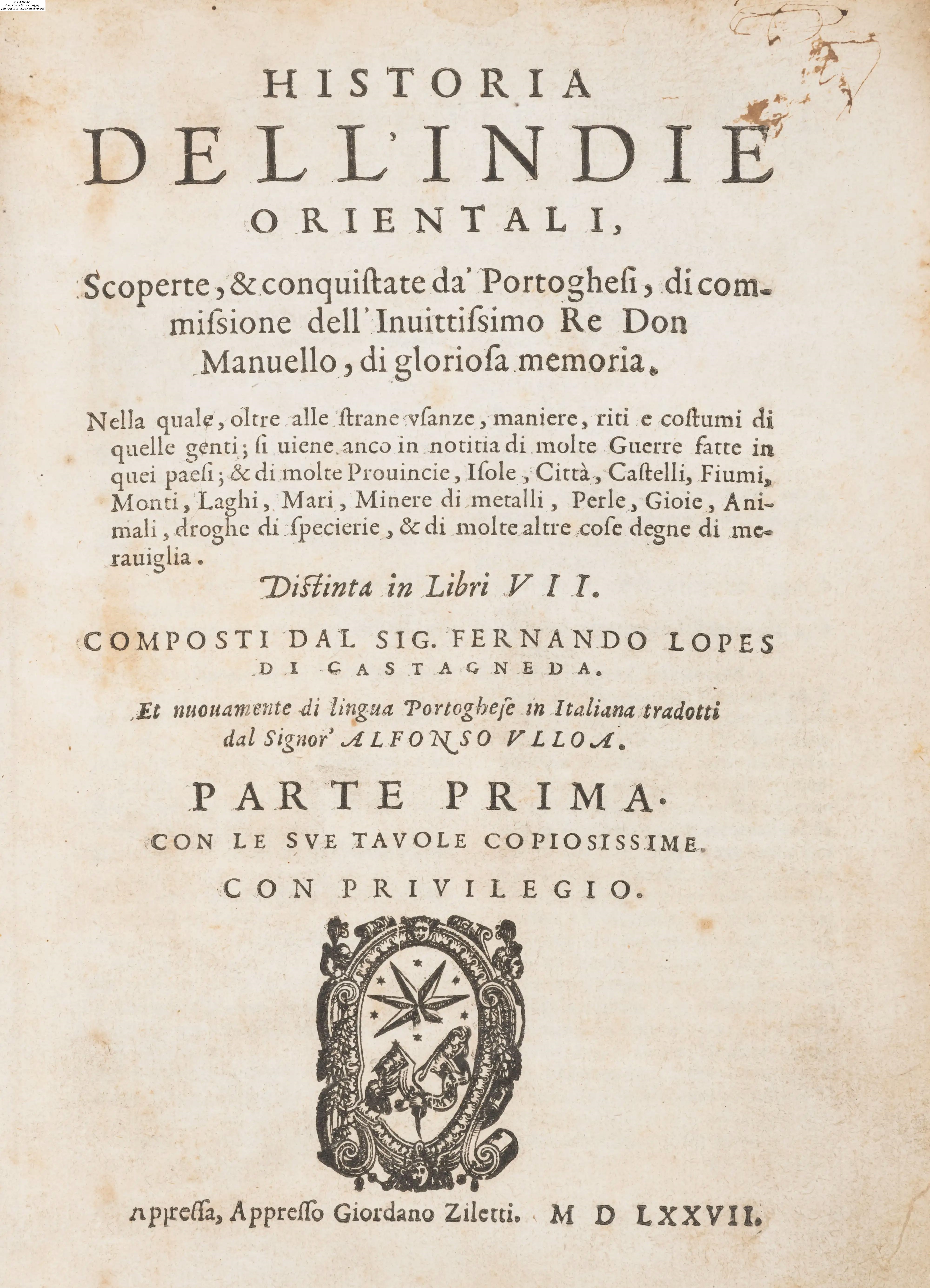 Artwork by Giordano, Historia Dell'Indie Orientali, Scopterte, & conquistate da'Portoghesi