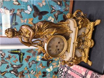 Antique French gilt metal mantle clock, possibly bronze having figure of maiden on alabaster base, t - John Bennet