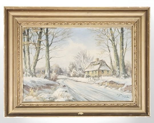 Artwork by Hansen, Winter Landscape with Snowy Track and Thatched Dwelling, Made of oil on canvas