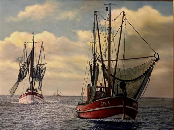 Morgenstimmung, Greetsieler Fischkutter auf See by Heinz Kramer-Hinte