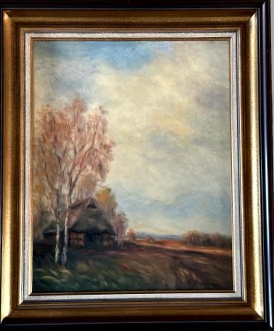 Alte Kate im Moor mit Birken by Fedor Szerbakow