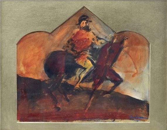 A dynamic painting of a figure on horseback in an arched frame.