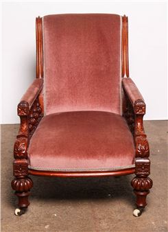 An antique Victorian grandfather chair with dusty rose velour upholstery and porcelain castors - Dusty Rose