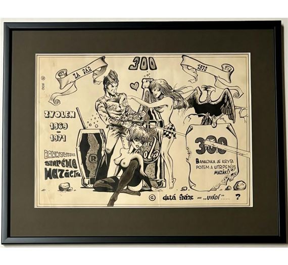 Bankovka Mazáctva - Bankovka je kryta potem a utrpením mazáků - lícová strana by Kaja Saudek, 1970