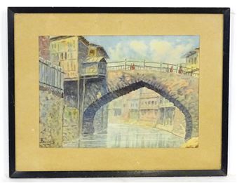 Nallah Mar canal in the old city of Srinagar, Kashmir, with figures on the stone arch bridge - Dina Nath Walli